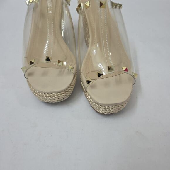 Y2K Chunky Platform Wedge Sandals Size US 8 Nature Breeze Tan & Gold Studded - Picture 7 of 8